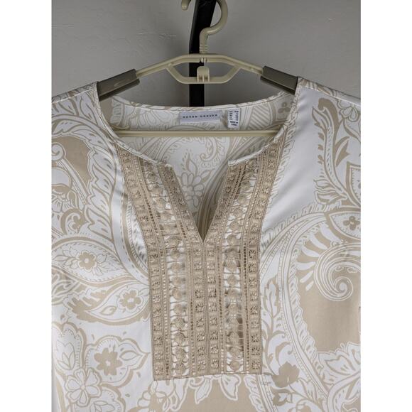 Susan Graver Beige Paisley Print Blouse Bell Sleeves Silky Satin - Picture 4 of 6